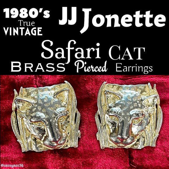 Vintage Jewelry - ▪️VTG▪️JJ JONETTE▪️1986 Stamped Safari Cat Square Brass Pierced Earrings